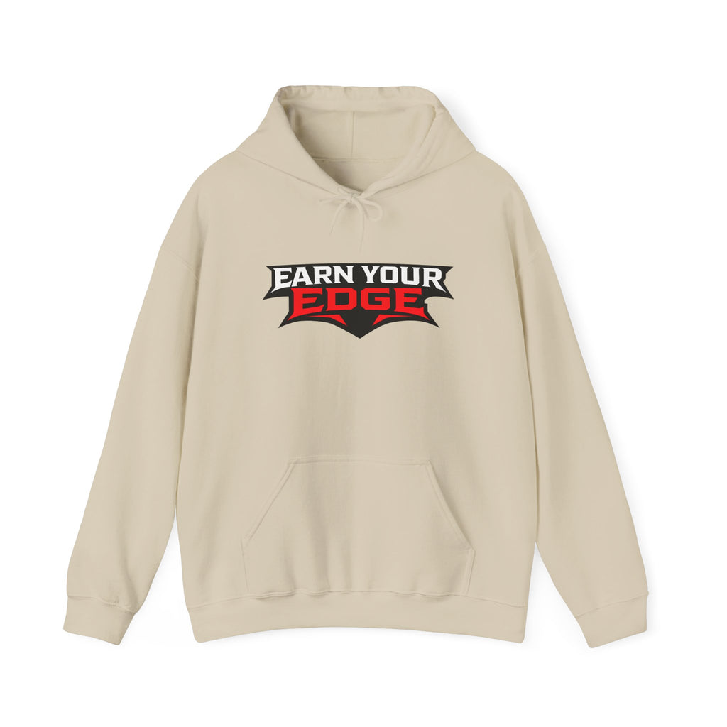 Sand hoodie with front kangaroo pocket and "Earn Your Edge" logo print
