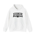 White pullover hoodie with front logo graphic and hood with drawstrings