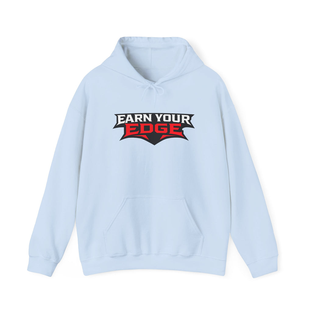 Light blue hoodie with front pocket, hood drawstrings, and Earn Your Edge logo