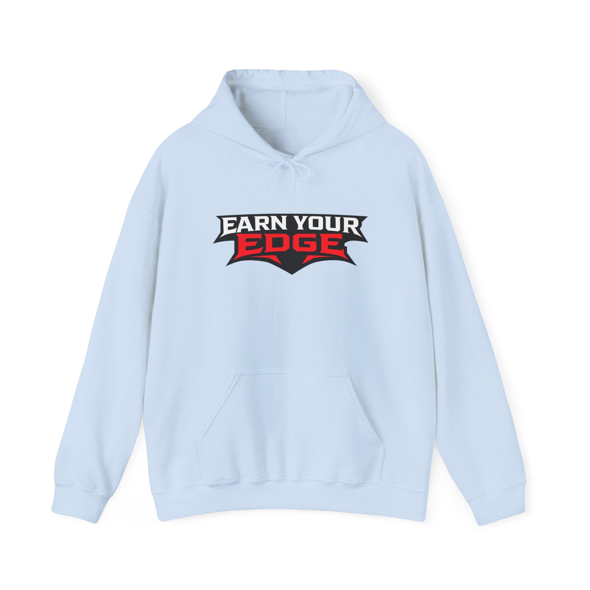 Light blue hoodie with front pocket, hood drawstrings, and Earn Your Edge logo