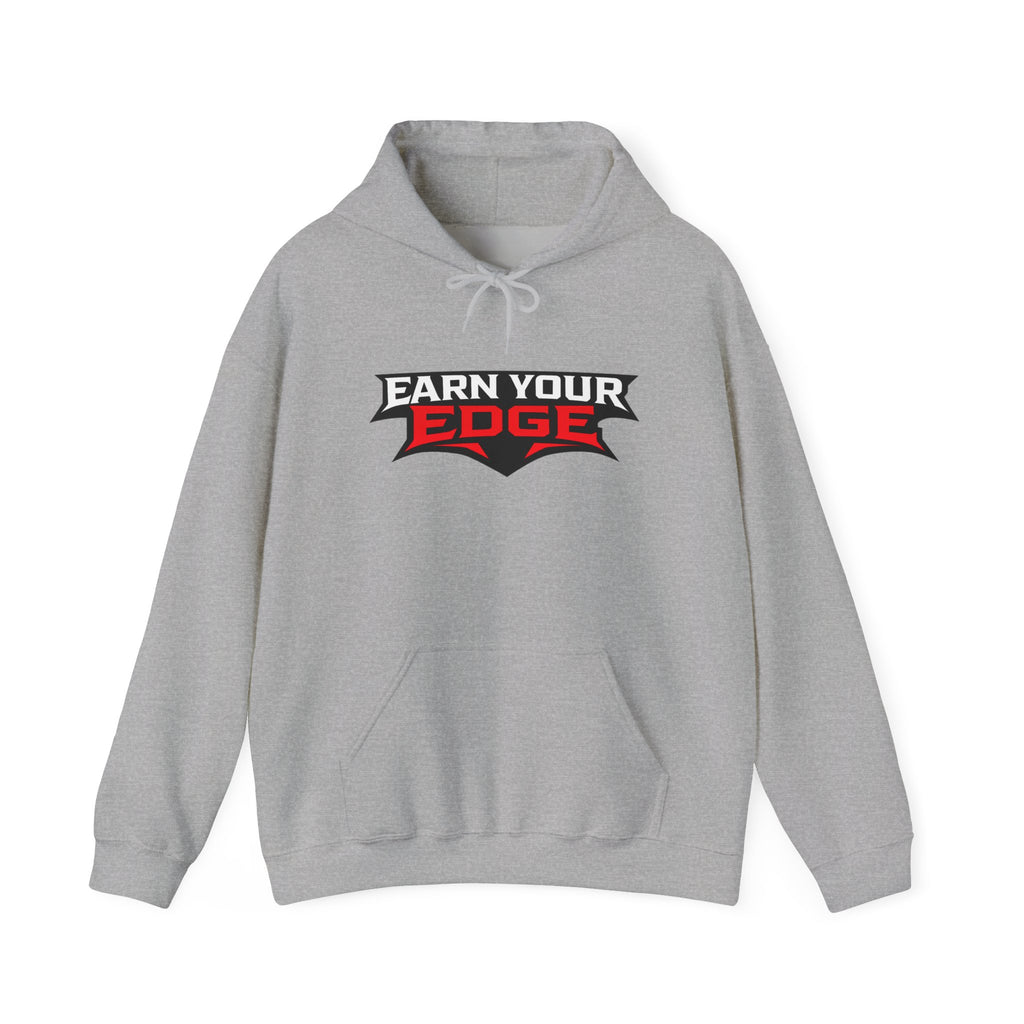 Sport grey hoodie with front pocket, hood drawstrings, and Earn Your Edge logo