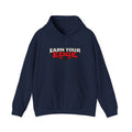 Navy hoodie with front kangaroo pocket and "Earn Your Edge" logo print