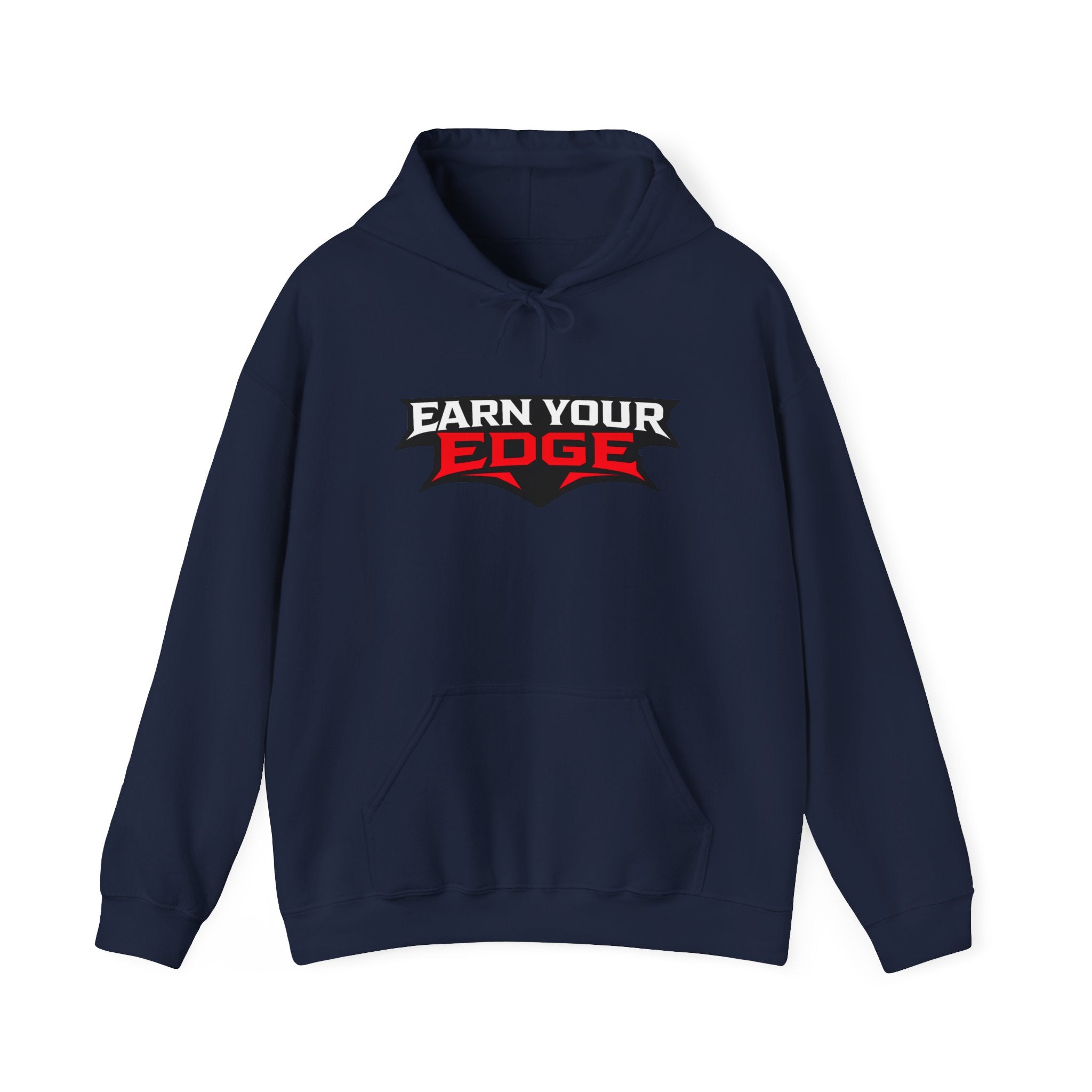 Navy hoodie with front kangaroo pocket and "Earn Your Edge" logo print