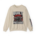 Sand crewneck sweatshirt with bold chest graphic and black-red sleeve logo text
