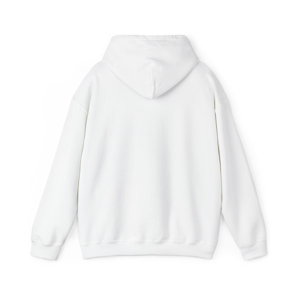 White hoodie with hood and kangaroo pocket, back view