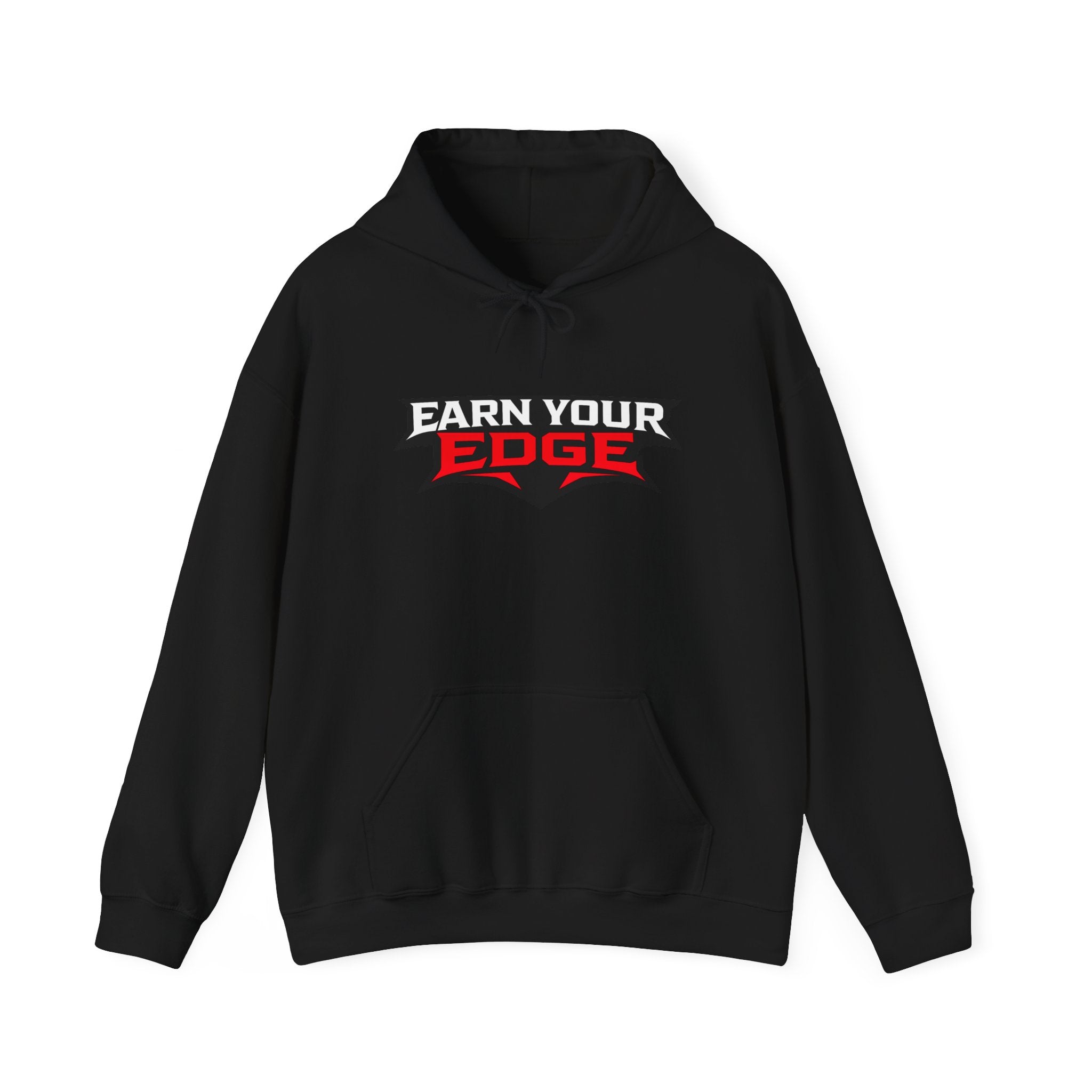 Black hoodie with front kangaroo pocket and "Earn Your Edge" logo print