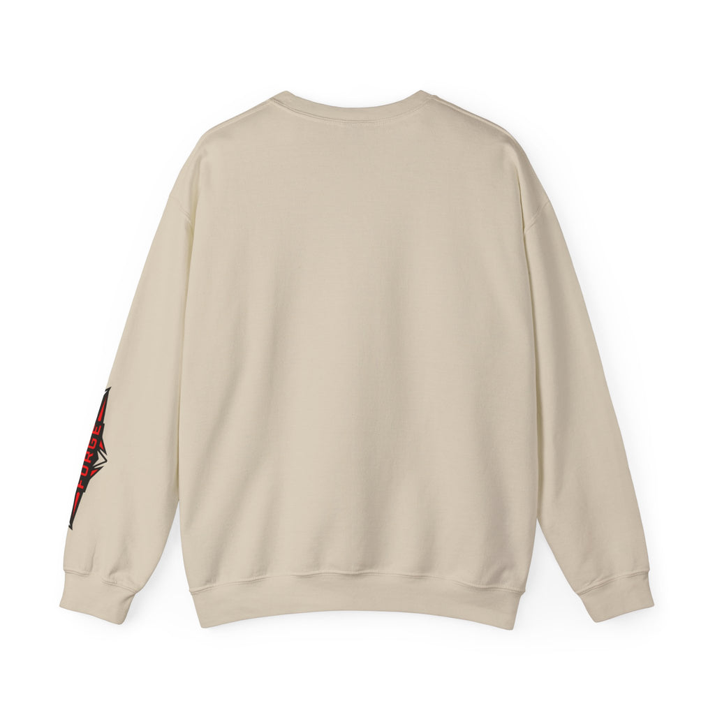 Sand crew neck sweater, back view; small left sleeve graphic