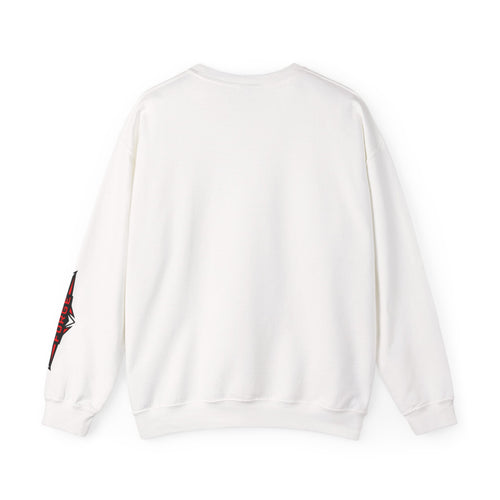 Crew neck sweatshirt, white, long sleeves, small graphic on left sleeve
