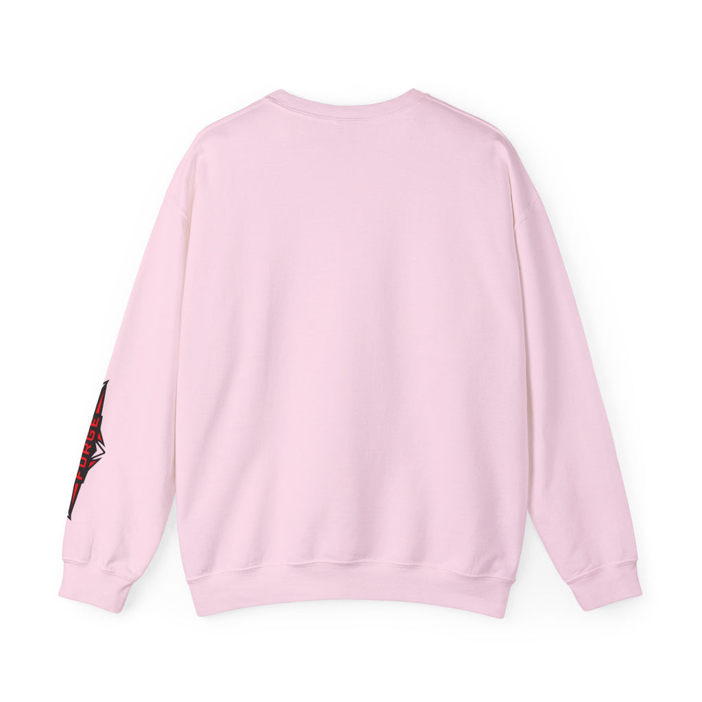 Crew neck sweatshirt, light pink, long sleeves, small graphic on left sleeve