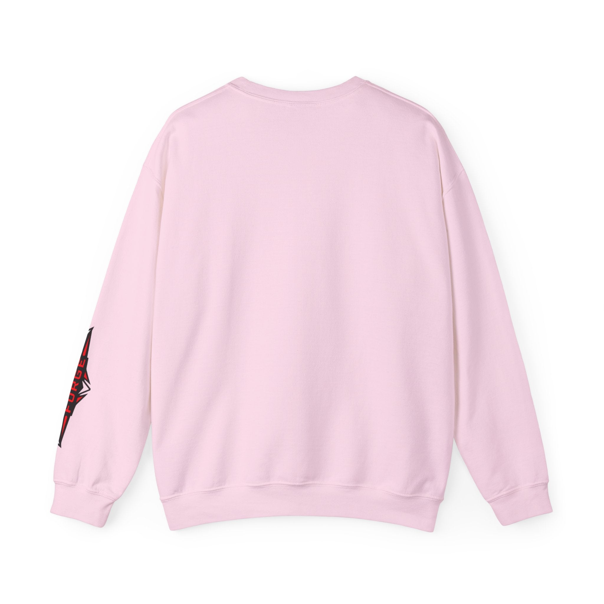 Crew neck sweatshirt, light pink, long sleeves, small graphic on left sleeve