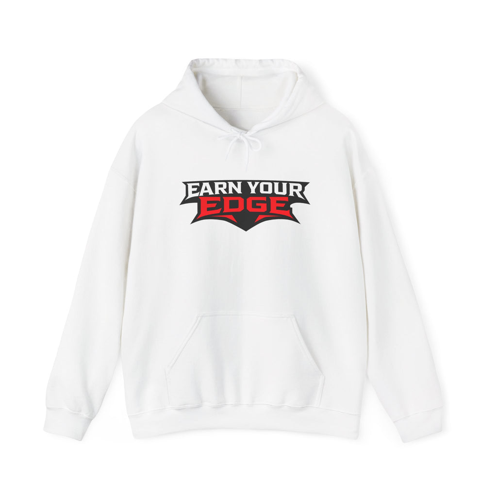 White hoodie with front kangaroo pocket and "Earn Your Edge" logo print