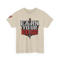 Sand crewneck graphic tee with 'Earn Your Edge' logo front print.