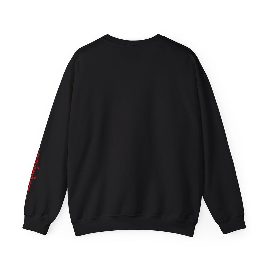 Crew neck sweatshirt, black, long sleeves, small graphic on left sleeve