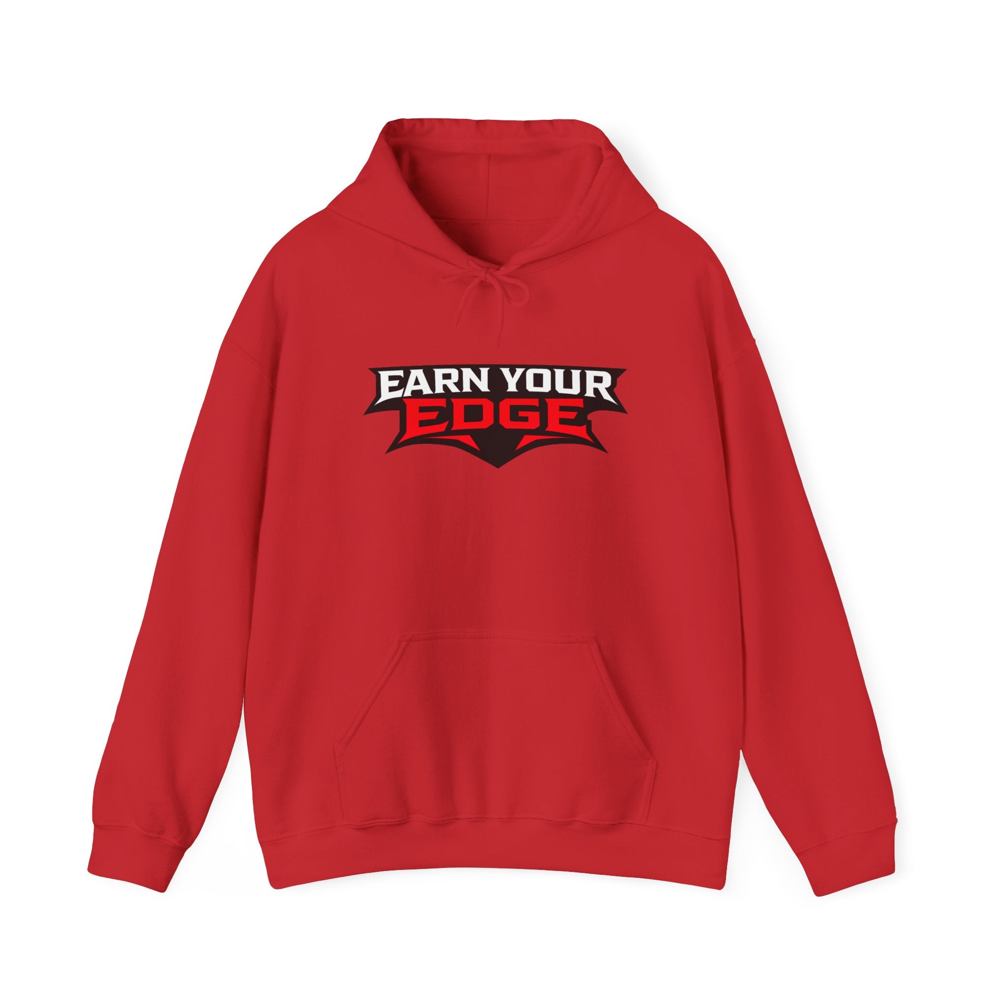 Red hoodie with front kangaroo pocket and "Earn Your Edge" logo print