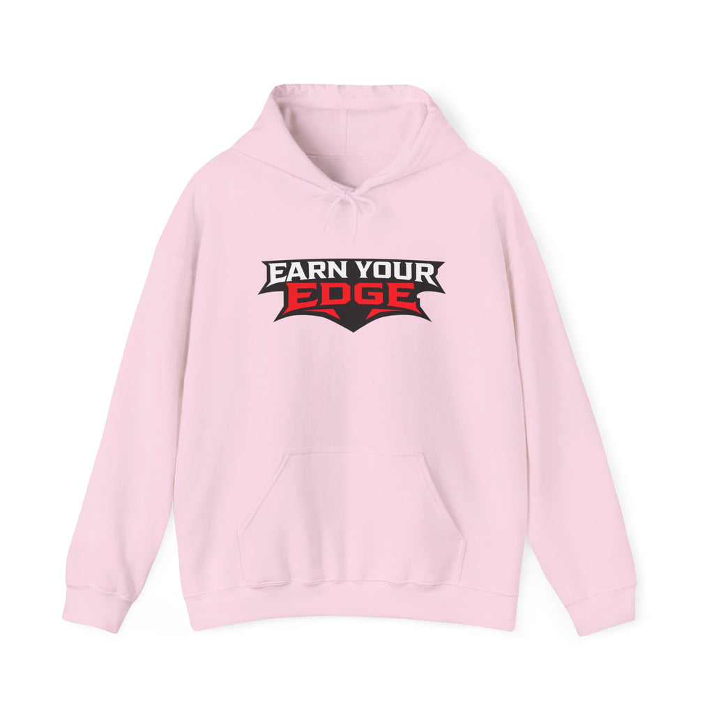 Light pink hoodie with front pocket, hood drawstrings, and Earn Your Edge logo